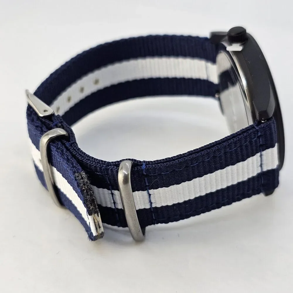 Men's Field Watch 42MM Black Case Black‎ Dial Blue White Canvas Band Straps
